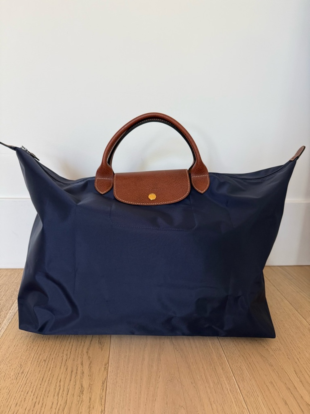 Longchamp Navy Nylon Tote with Brown Leather Trim